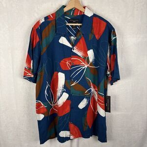 Men's Shaquille O'neal XLG Linen Blend Blue Hawaiian Floral Shirt Size XLT NWT